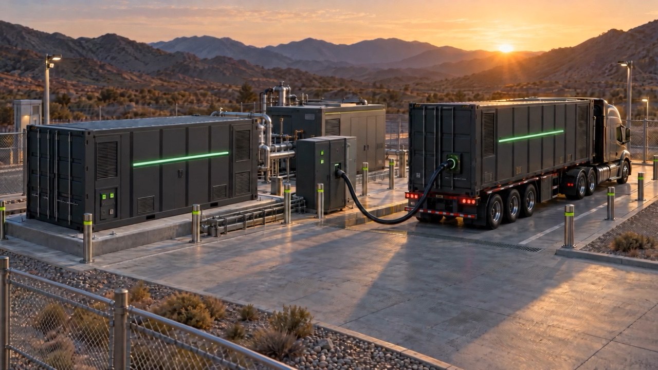 GEOFLEX concept visualization of fixed battery storage and a docked mobile energy unit